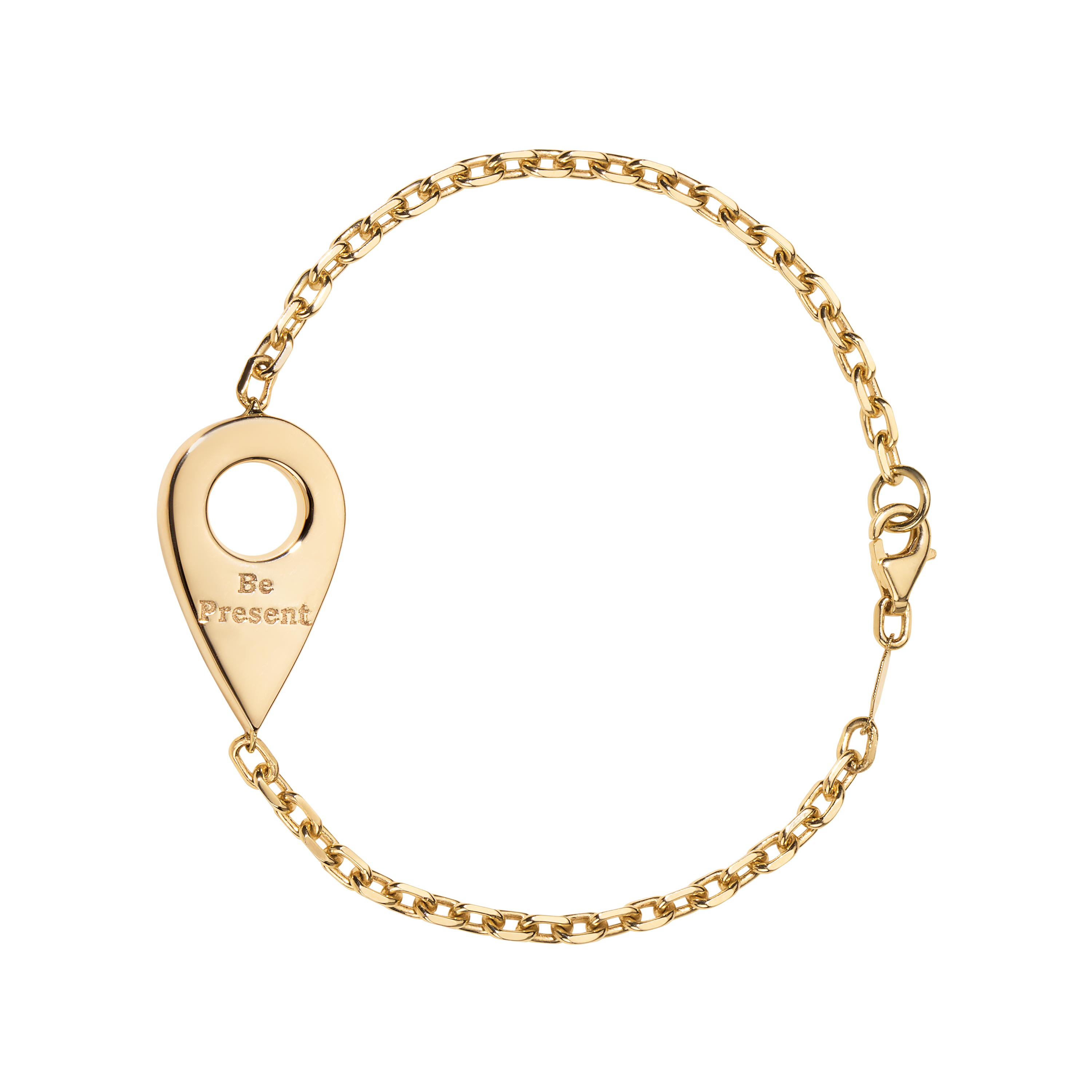 Gold bracelet with a teardrop-shaped pendant on a white background