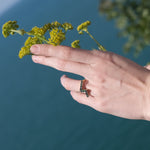Hand holding a small bunch of yellow flowers against a blurred natural background